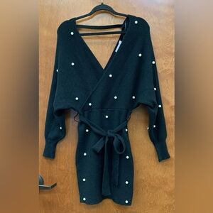 HWA Apparel black mini sweater dress w/pearl adornment size medium
